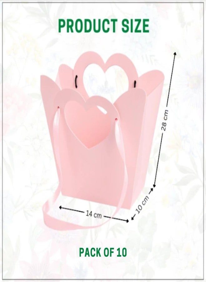 اويسيس مجموعة أواسيس من 10 أكياس زهور بنافذة على شكل قلب مع مقبض من شريط ساتان، أكياس تغليف زهور ورقية لتنسيقات الزهور، وتغليف سلال الهدايا، وتغليف مناسبات بائعي الزهور لعيد الحب وحفلات الزفاف والمناسبات الخاصة، 22 × 21 × 10 سم | وردي - Image 2